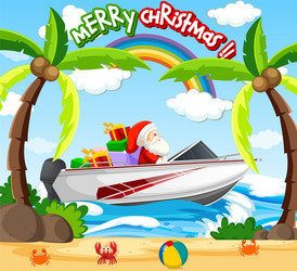 santa claus driving speed boat on beach scene vector