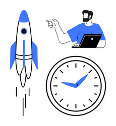 rocket launch clock and man pointing while vector image