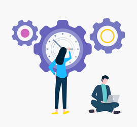 Gear and time clock woman man with laptop vector