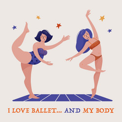 Two pretty women slim and chubby dancing ballet vector