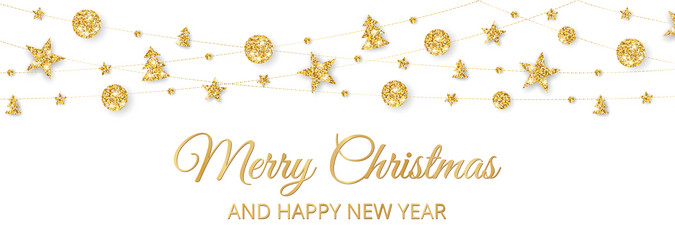 merry christmas banner with gold decoration vector