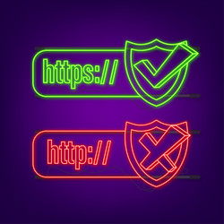 neon style http and https protocols on shield vector image