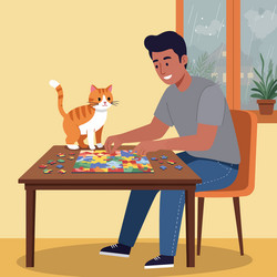 man solving jigsaw puzzle at table with cat vector image