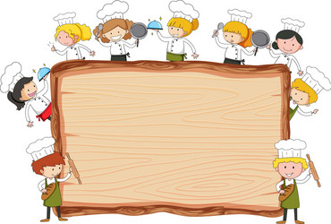 empty wooden board with many little chefs theme vector