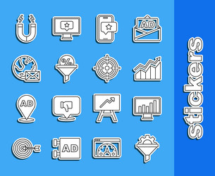 set line sales funnel with gear monitor graph vector image