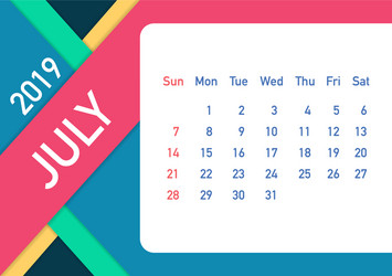 July 2019 calendar leaf in flat vector