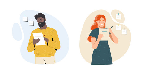 set of characters taking notes in notebook vector image