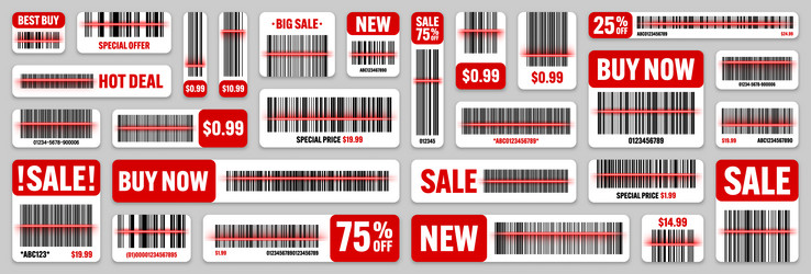 set of product barcodes with red scanning line vector image