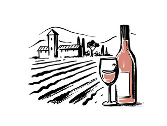 Vineyard landscape hand drawn with bottle vector