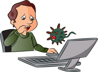 man scared by looking at computer virus vector image