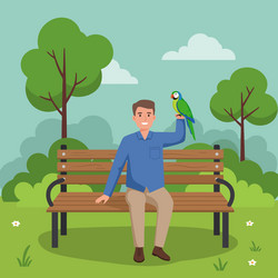 man sitting with parrot on park bench enjoying vector image