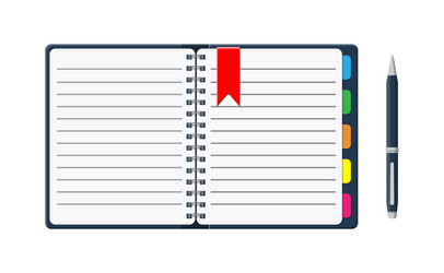 notepad and paper sheets with bookmarks pen vector