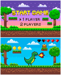 start game dinosaur with fire pixel character vector