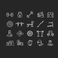 Home gym equipment chalk white icons set on black vector