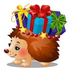 hedgehog carries a box with christmas gifts vector