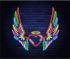 Illuminated neon heart with angel wings and halo vector