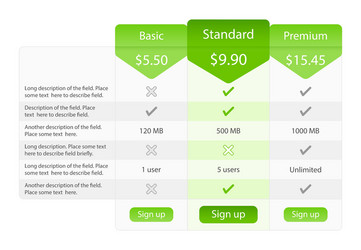 Light pricing table with 3 options and one vector