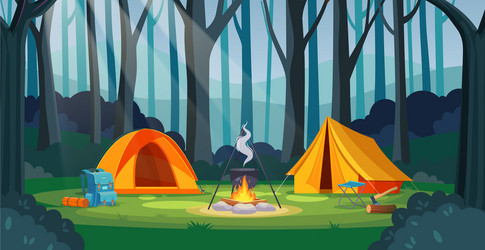 Summer camp in forest with bonfire tent backpack vector