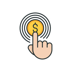 Hand using touch screen and coin icon color line vector