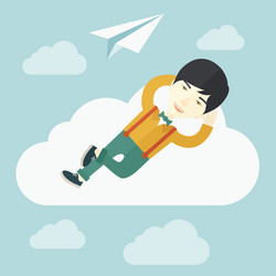 Asian man lying on a cloud with paper plane vector