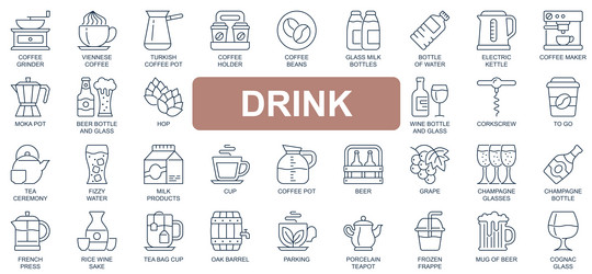 Drink concept simple line icons set pack vector