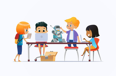 Kids Learning Coding with Robots vector image