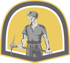 Coal miner standing holding pick axe shield retro vector