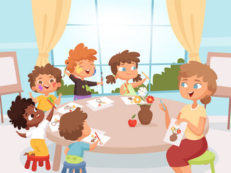 Drawing art class teacher with kids creativity vector