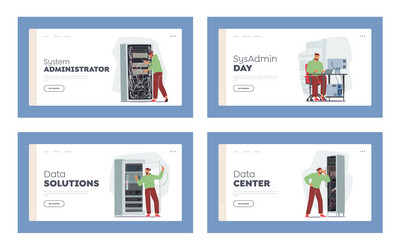 Sysadmin working landing page template set male vector