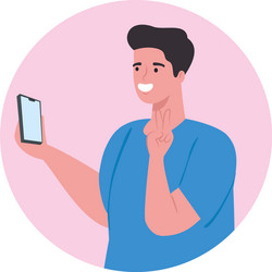 man using smartphone in circle frame social media vector image