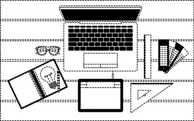 Laptop computer and drawing tools over desk on top vector