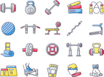 Home gym equipment rgb color icons set vector