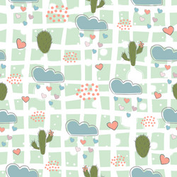 seamless pattern with cacti hearts and clouds vector image