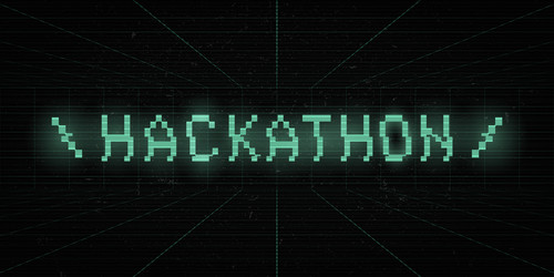 hackathon 8 bit green glitch title on laser grid vector image
