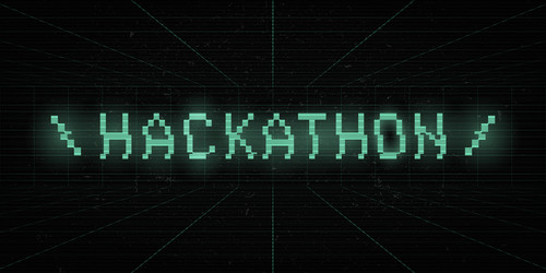 hackathon 8 bit green glitch title on laser grid vector