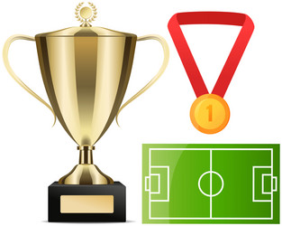 gold cup near football field poster sport game Vector Image
