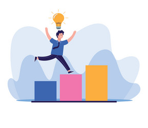 man with bulb on chart bar graph colorful design vector image