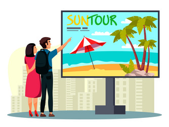 man woman looking at billboard with suntour advert vector