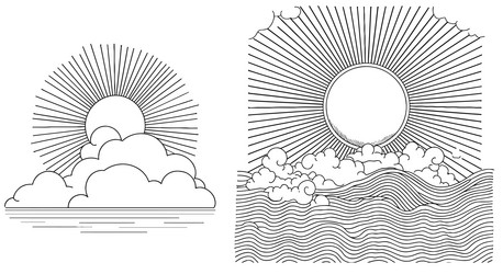 sun with cloud continuous one line drawn vector image