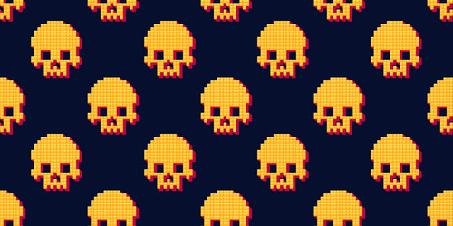 pixelated skull seamless pattern with retro 8 bit vector image