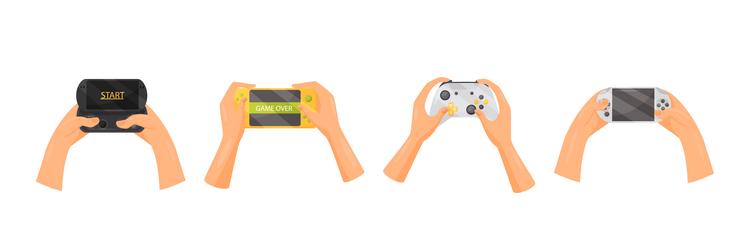 Hands holding gamepads or controller playing video vector