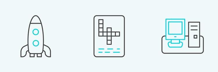 set line monitor with keyboard rocket ship vector image