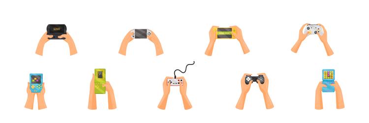 Hands holding gamepads or controller playing video vector