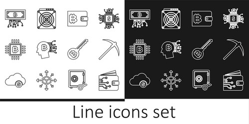 set line cryptocurrency wallet pickaxe bitcoin vector image