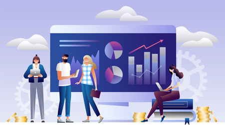 Employees study infographics and charts vector