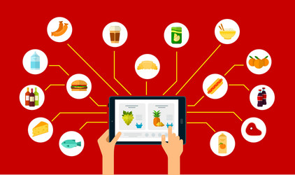 Adding food to order online using a tablet flat vector