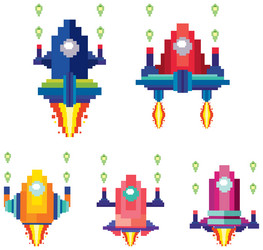 set of pixel game spaceships isolated vector image