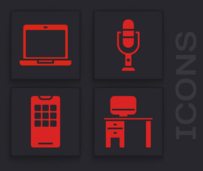 set computer monitor and desk laptop microphone vector image
