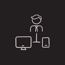 man linked with computer and phone sketch icon vector image
