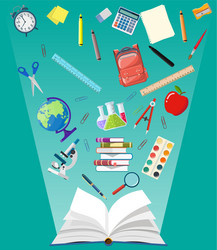 Opened book and education items vector